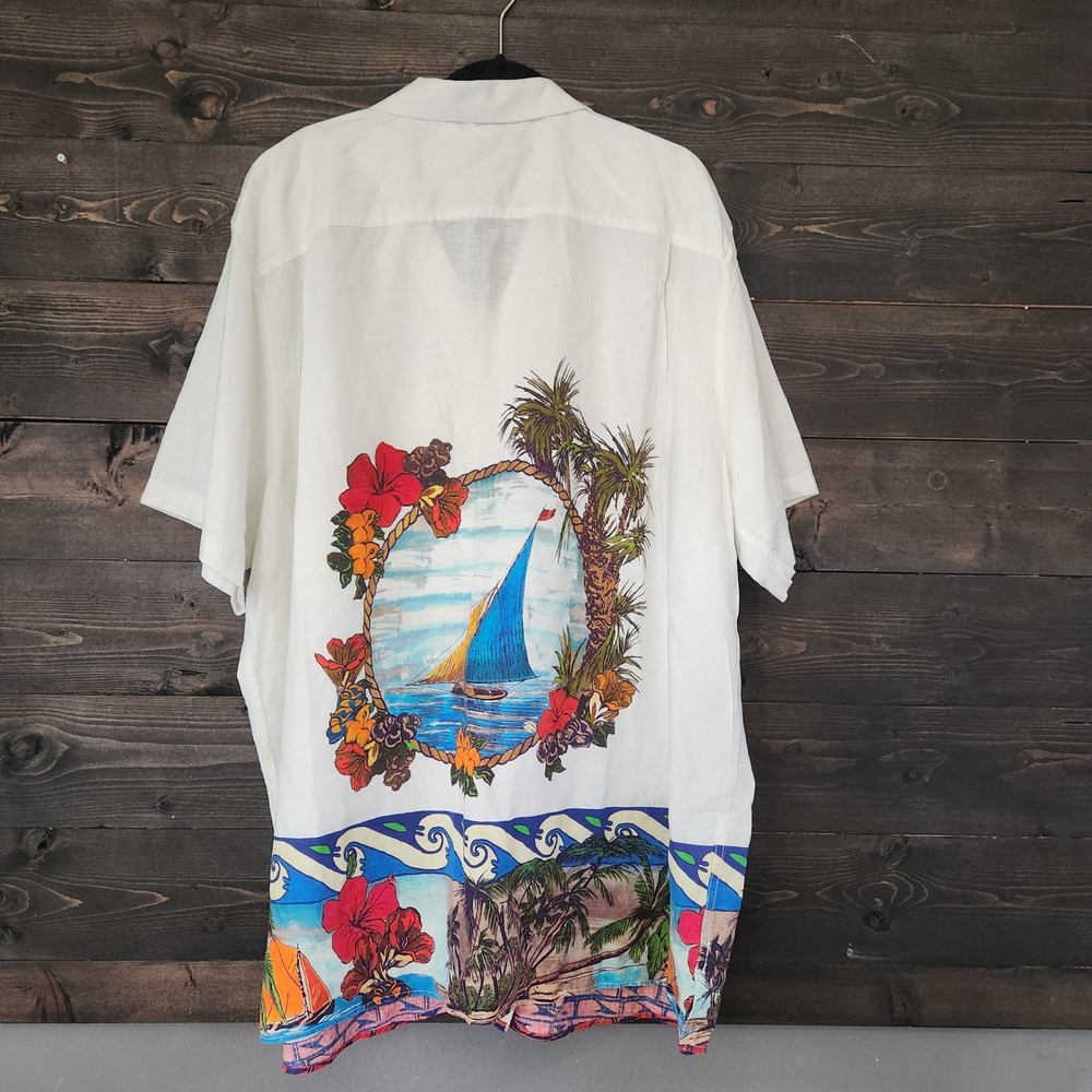 Caribbean Mens 3XB Linen Blend Sailboat Tropical Graphic Hawaiian Shirt Ivory